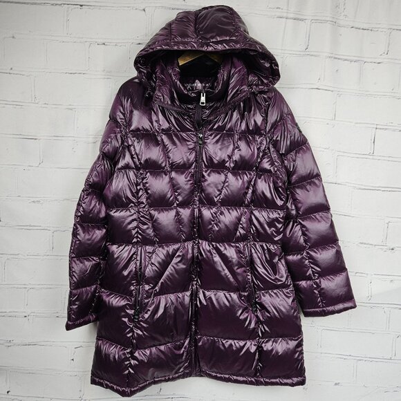 Andrew Marc Purple Packable Down Hooded Puffer Jacket XL Long Duster Coat - Picture 1 of 16